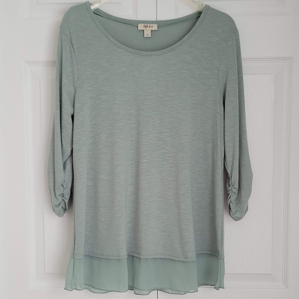 Style & Co   Sheer-Trimmed Top, 3/4 Length Shirred Sleeves, Sz L, Green